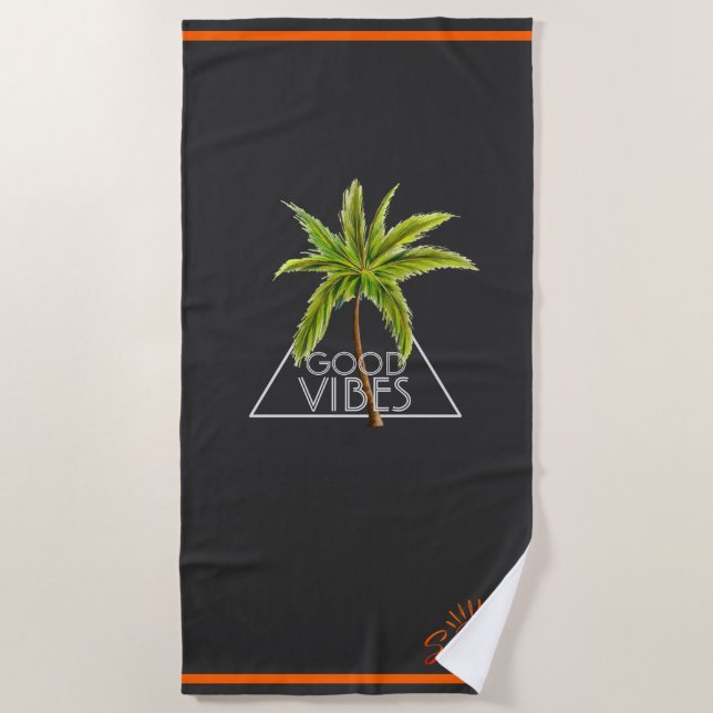 Serviette De Plage "Good Vibes Triangle Design avec Palm Tree" (Devant)