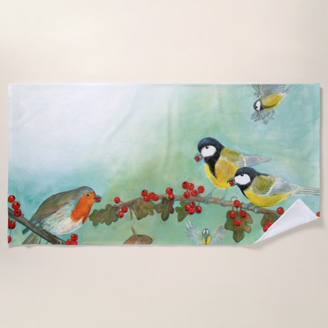 Serviette De Plage Grands Tit Birds, Red Robin & Hawthorn Berries (Devant)