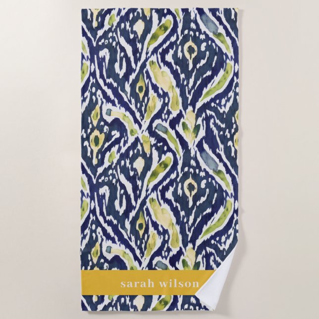 Serviette De Plage Gras bleu jaune Abstrait Ikat Motif (Devant)