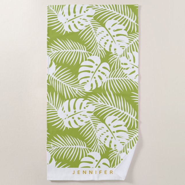 Serviette De Plage Green Palm Feuille Rainforest Motif Personnalisé (Devant)