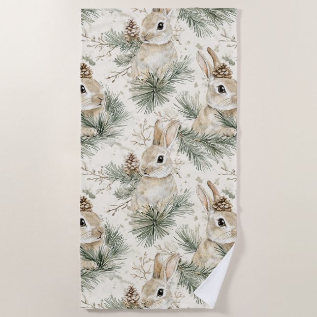 Serviette De Plage Green Pine Cones Bunny Rabbits Christmas (Devant)