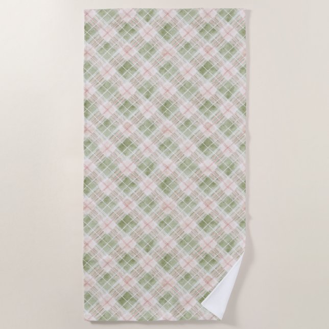 Serviette De Plage Green Pink Plaid Stripes   (Devant)
