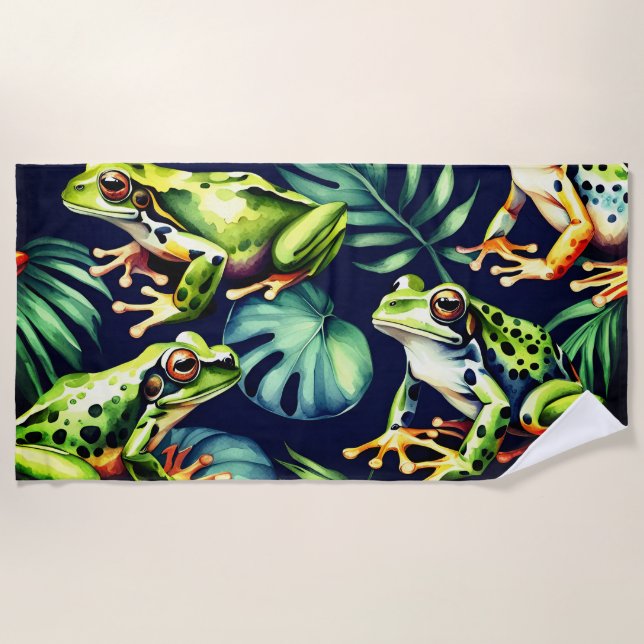 Serviette De Plage Grenouille verte et orange sur feuilles frais, aqu (Devant)