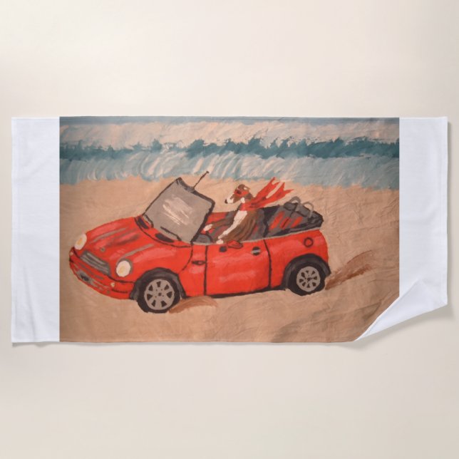 Serviette De Plage Greyhound in red car at the Beach (Devant)