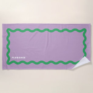 Serviette De Plage Gribouillis violet et vert avec texte