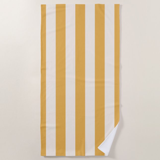 Serviette De Plage Grilles Verticales Moutarde Jaune Et Blanc Gratté (Devant)