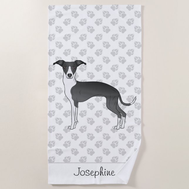 Serviette De Plage Gris Italien Noir Et Blanc Avec Nom Personnalisé (Devant)
