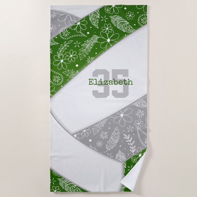 Serviette De Plage gris vert artsy floral paisley motif volleyball (Devant)