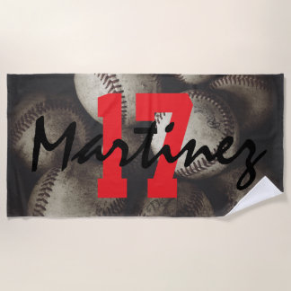 Serviette De Plage Grungy Baseballs on a Shelf Jersey Number & Name