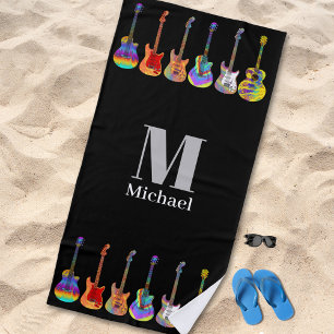 Serviette De Plage Guitares Psychedéliques Personnalisées Noires