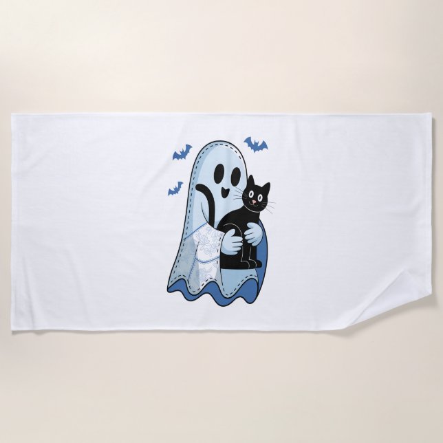 Serviette De Plage Halloween bleu Denim Ghost et chat (Devant)