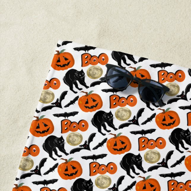 Serviette De Plage Halloween Chats Chat Citrouille Et Lune Dessin (En situation)