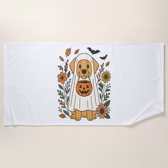 Serviette De Plage Halloween Golden Retriever Flowers (Devant)