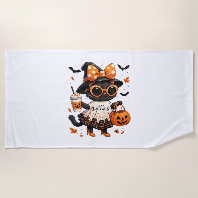 Serviette De Plage Halloween Kawaii Chat - Chat de sorcière avec Citr (Devant)