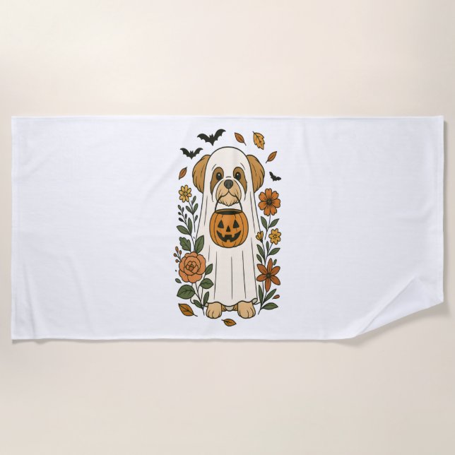 Serviette De Plage Halloween Shih Tzu avec des fleurs d'automne (Devant)
