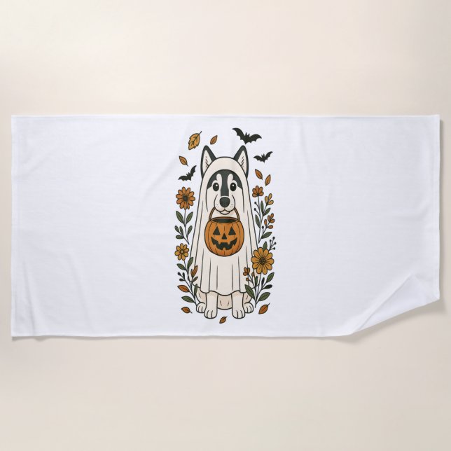 Serviette De Plage Halloween Siberian Husky Flowers (Devant)