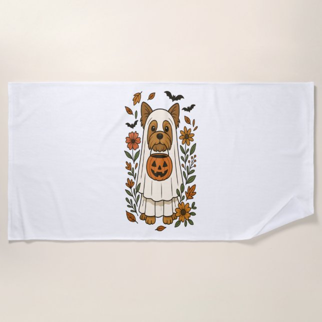 Serviette De Plage Halloween Yorkshire Terrier Fleurs Halloween (Devant)