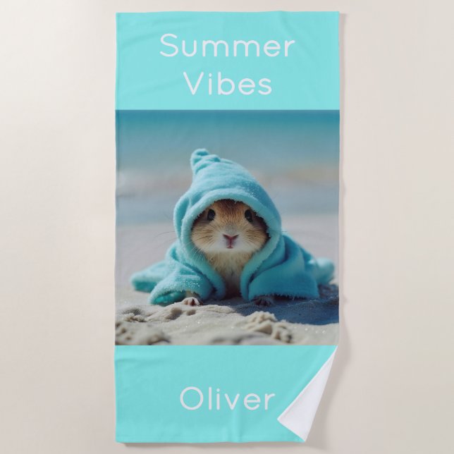 Serviette De Plage Hamster mignon sur la plage - Eté Turquoise (Devant)