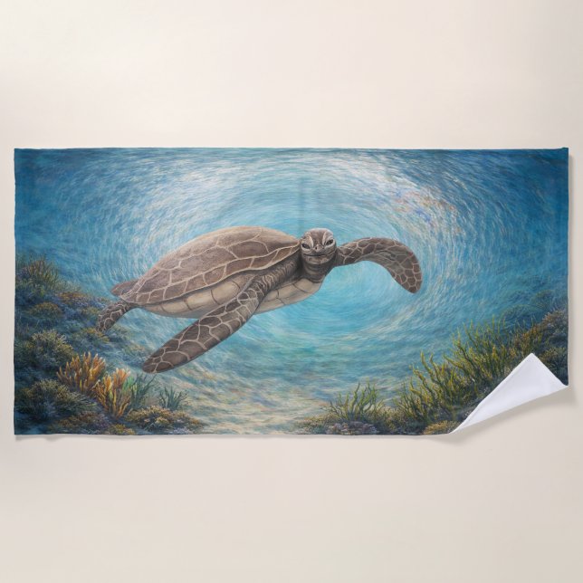 Serviette De Plage Hand-Painted Sea Turtle in Ocean Vortex  (Devant)
