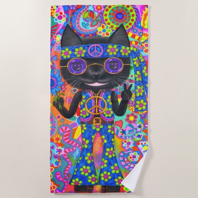 Serviette De Plage Happy Hippie Chat Lunettes de soleil Paix Signale  (Devant)