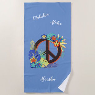 Serviette De Plage Hawaïen Paix Amour Nom Personnalisé Coloré
