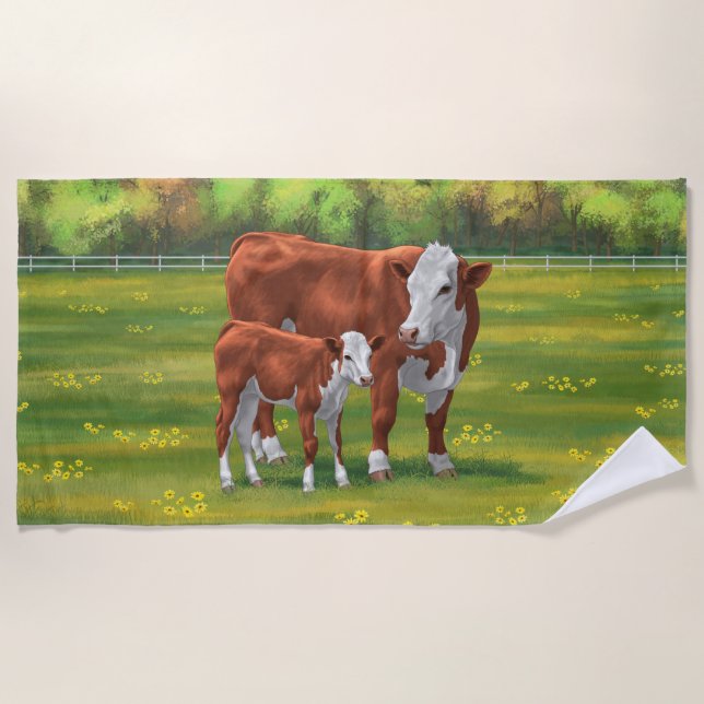 Serviette De Plage Hereford Cow & Cute Calf dans les pâturages d'été (Devant)