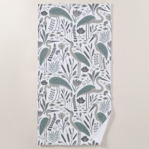 Serviette De Plage Heron et marais Plantes gris monochrome