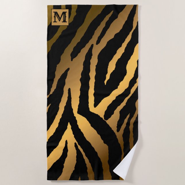 Serviette De Plage Heure d'été de luxe Monogramme Tiger Or (Devant)