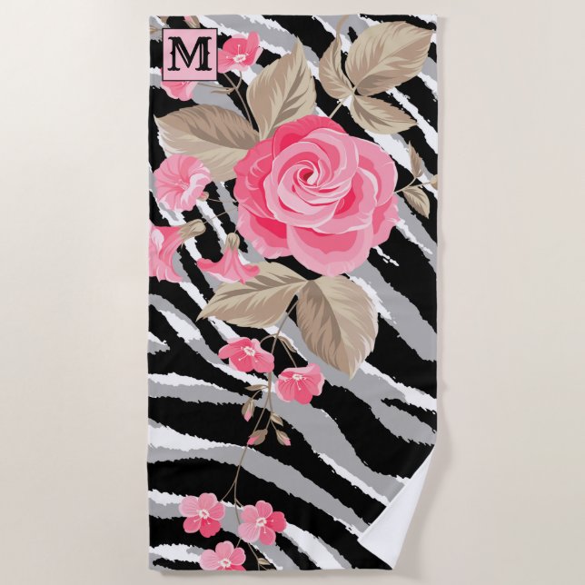 Serviette De Plage Heure d'été de luxe Rose de tigre monogramme (Devant)