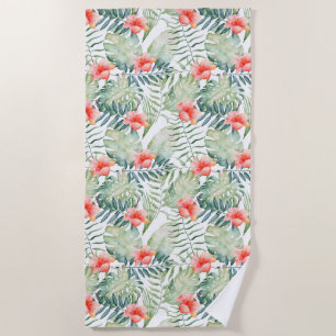Serviette De Plage Hibiscus Feuille tropical Aquarelle florale