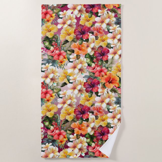 Serviette De Plage Hibiscus floral Tropical Rouge Blanc Jaune (Devant)