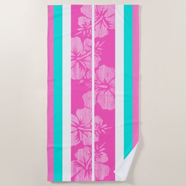 Serviette De Plage Hibiscus Hawaïen De Surf Haleiwa Strié - Rose (Devant)