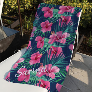 Serviette De Plage Hibiscus rose Fleurs & Oasis Tropical Palm Leaf