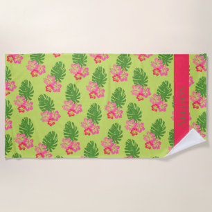 Serviette De Plage Hibiscus Rose Motif Hawaiien En Vert