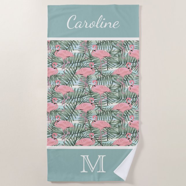 Serviette De Plage Hip Flamants roses roses Palm Leafs Motif Personna (Devant)