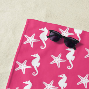 Serviette De Plage Hippocampe et poisson-étoiles, blanc sur rose fuch