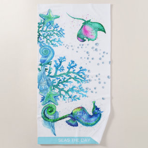 Serviette De Plage Hippocampe nautique Personnalisé Turquoise Aqua Bl