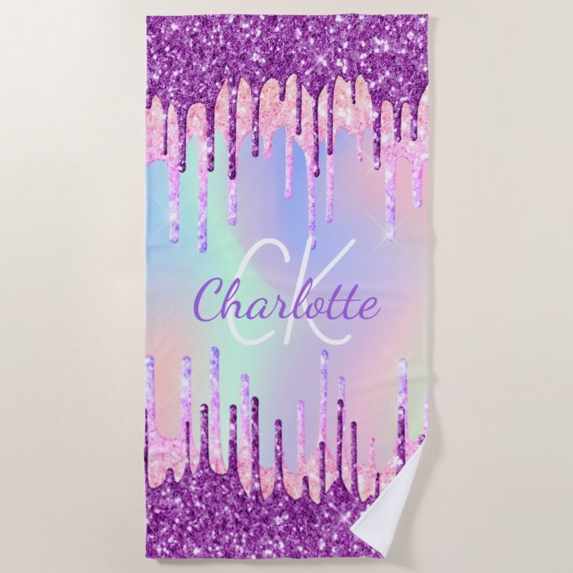 Serviette De Plage Holographique violet gouttes rose monogramme (Devant)