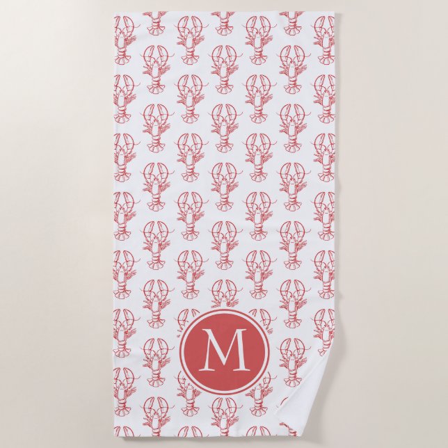 Serviette De Plage Homards rouges côtiers sur Monogramme blanc (Devant)