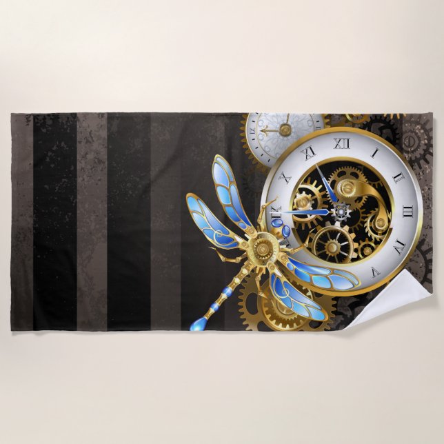 Serviette De Plage Horloge à vapeur avec libellule mécanique (Devant)