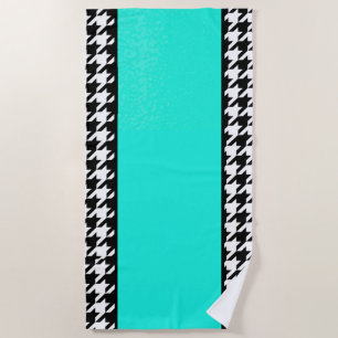 Serviette De Plage Houndstooth, turquoise, noir et blanc à damiers