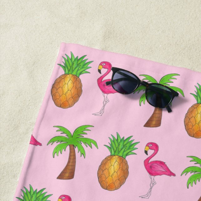 Serviette De Plage Ile tropicale Palm Tree Ananas Flamant rose rose (En situation)