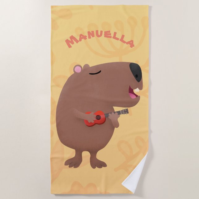 Serviette De Plage Illustration de dessin animé de capybara ukulele (Devant)