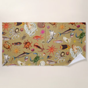 Serviette De Plage Illustration de la vie marine sous-marine en or