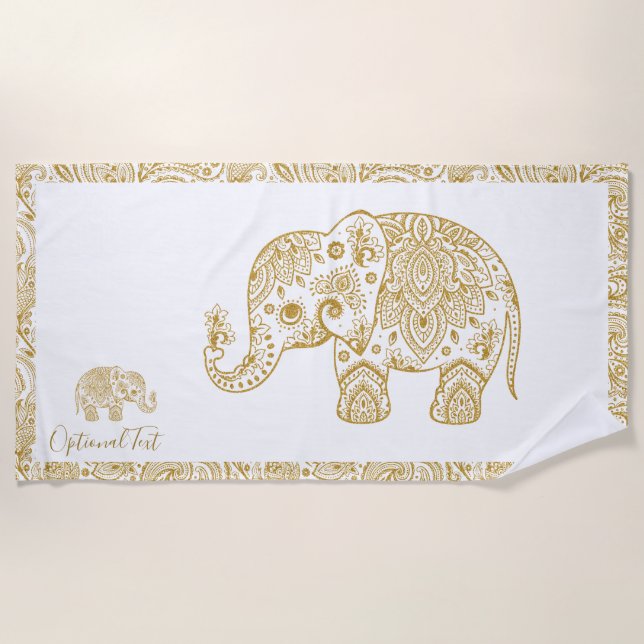 Serviette De Plage Illustration de l'éléphant Paisley Floral Or (Devant)