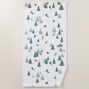 Serviette De Plage Illustration de skieurs en descente en blanc