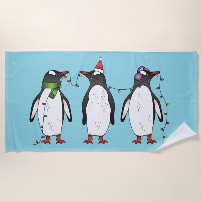 Serviette De Plage Illustration de trois pingouins de Noël festifs (Devant)
