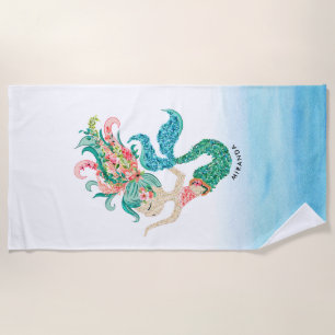 Serviette De Plage Illustration des aquarelles de sirène florale mûre
