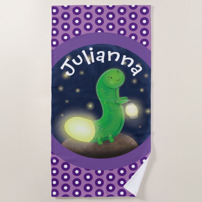 Serviette De Plage Illustration du joli ver vert joyeux (Devant)