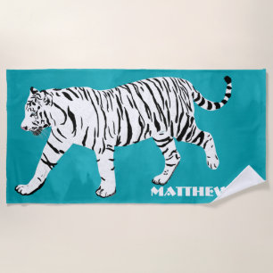Serviette De Plage Illustration du tigre blanc sur Turquoise personna